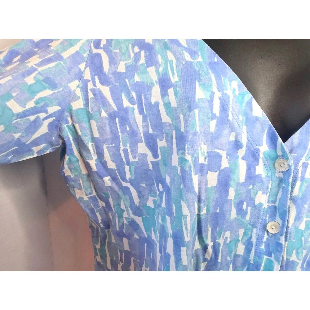 J. Jill Blue Watercolor Print Pima Cotton Cardigan V-Neck 3/4 Sleeve Top Medium